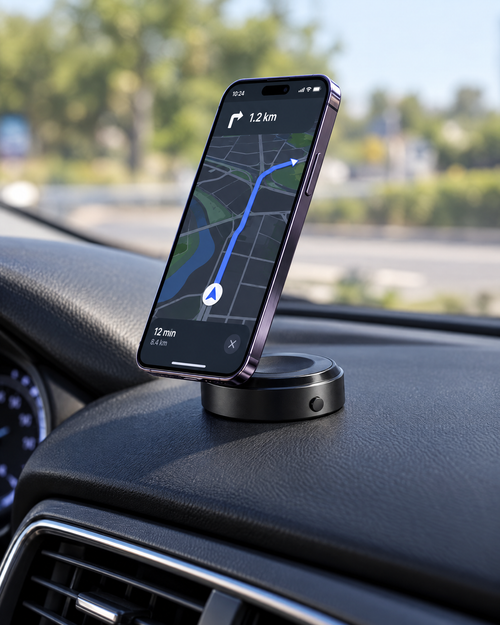 Handyhalter auf dem Armaturenbrett, haelt ein Smartphone mit Navigation
