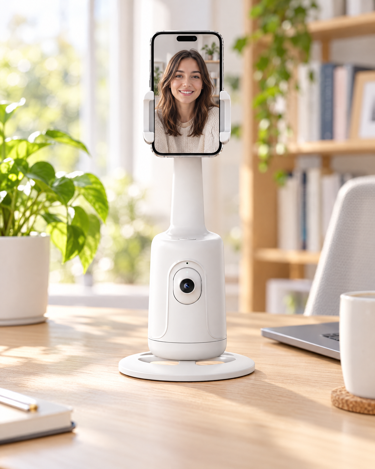 Face-Tracking Halter mit eingeklemmtem Smartphone auf einem Holzschreibtisch