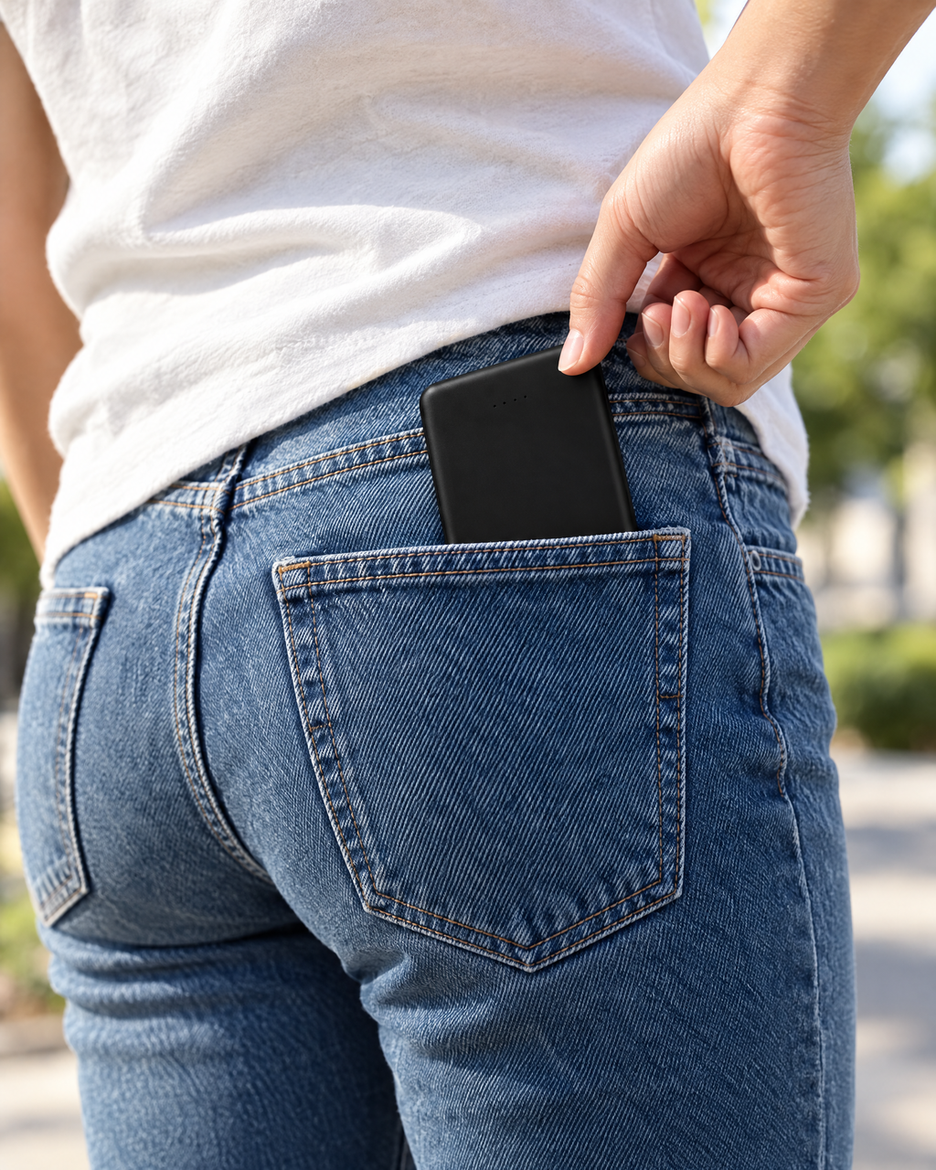 Powerbank gleitet in die Gesaesstasche einer Jeans