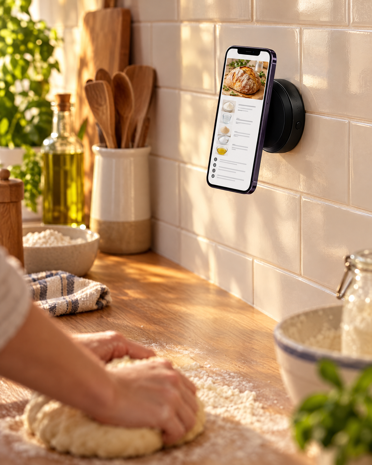 Handyhalter an der Kuechenfliese, Smartphone zeigt ein Rezept beim Kochen