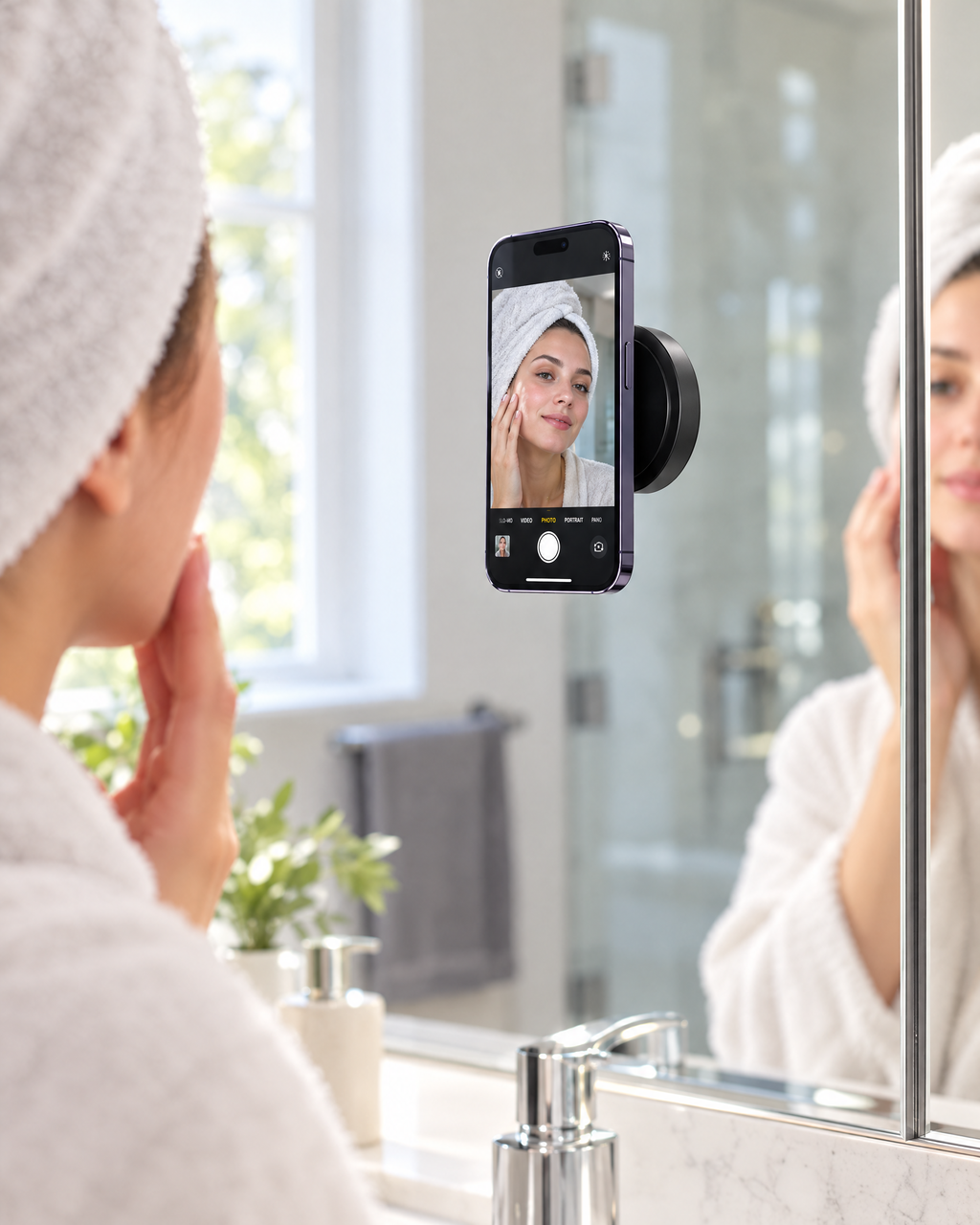 Handyhalter am Badezimmerspiegel mit Smartphone auf Augenhoehe