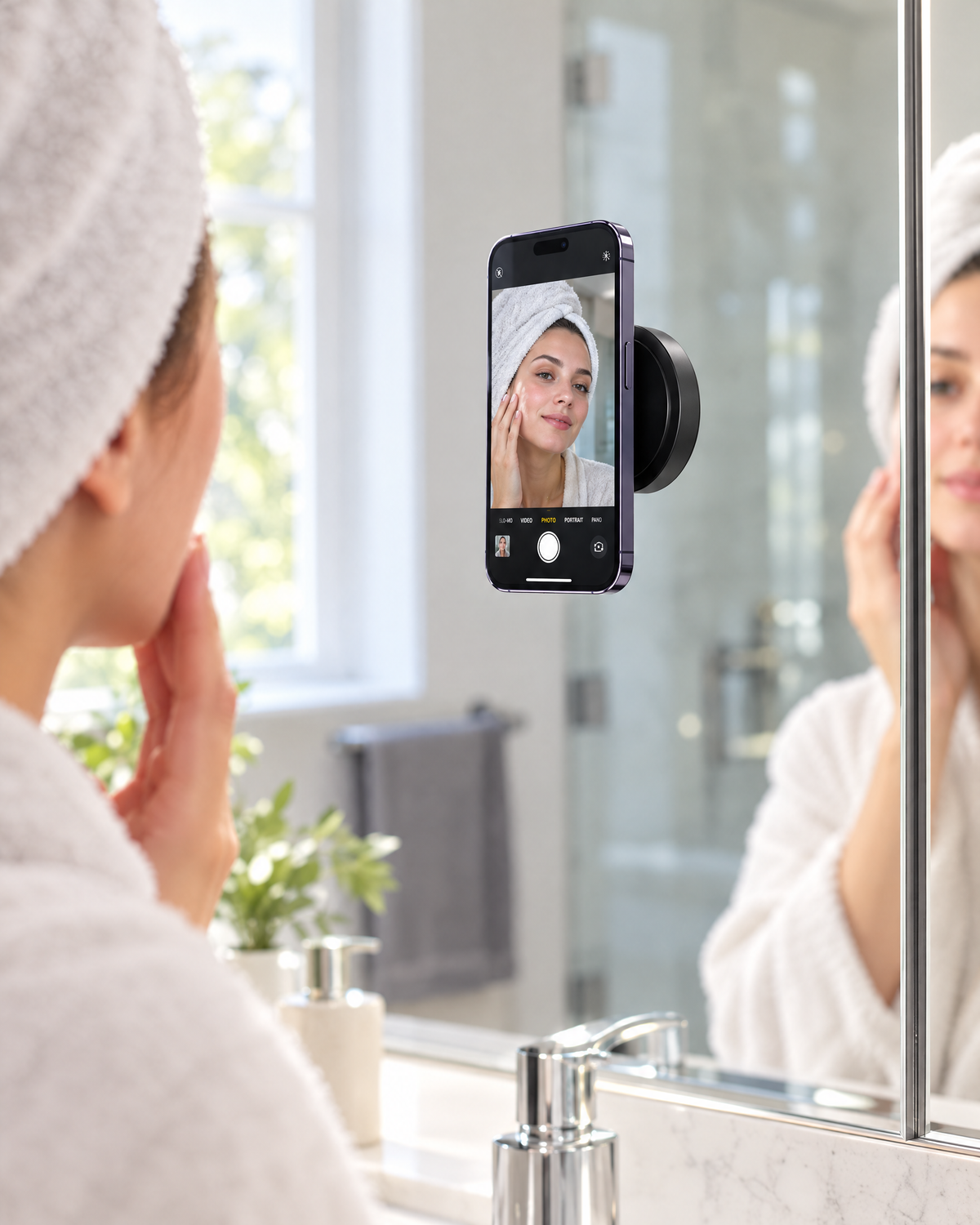 Handyhalter am Badezimmerspiegel mit Smartphone auf Augenhoehe