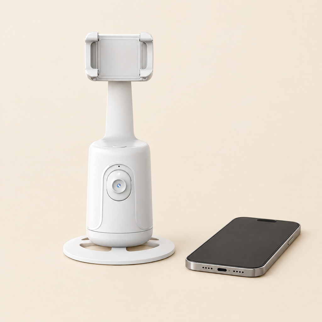 Groessenvergleich des Face-Tracking Halters neben einem Smartphone