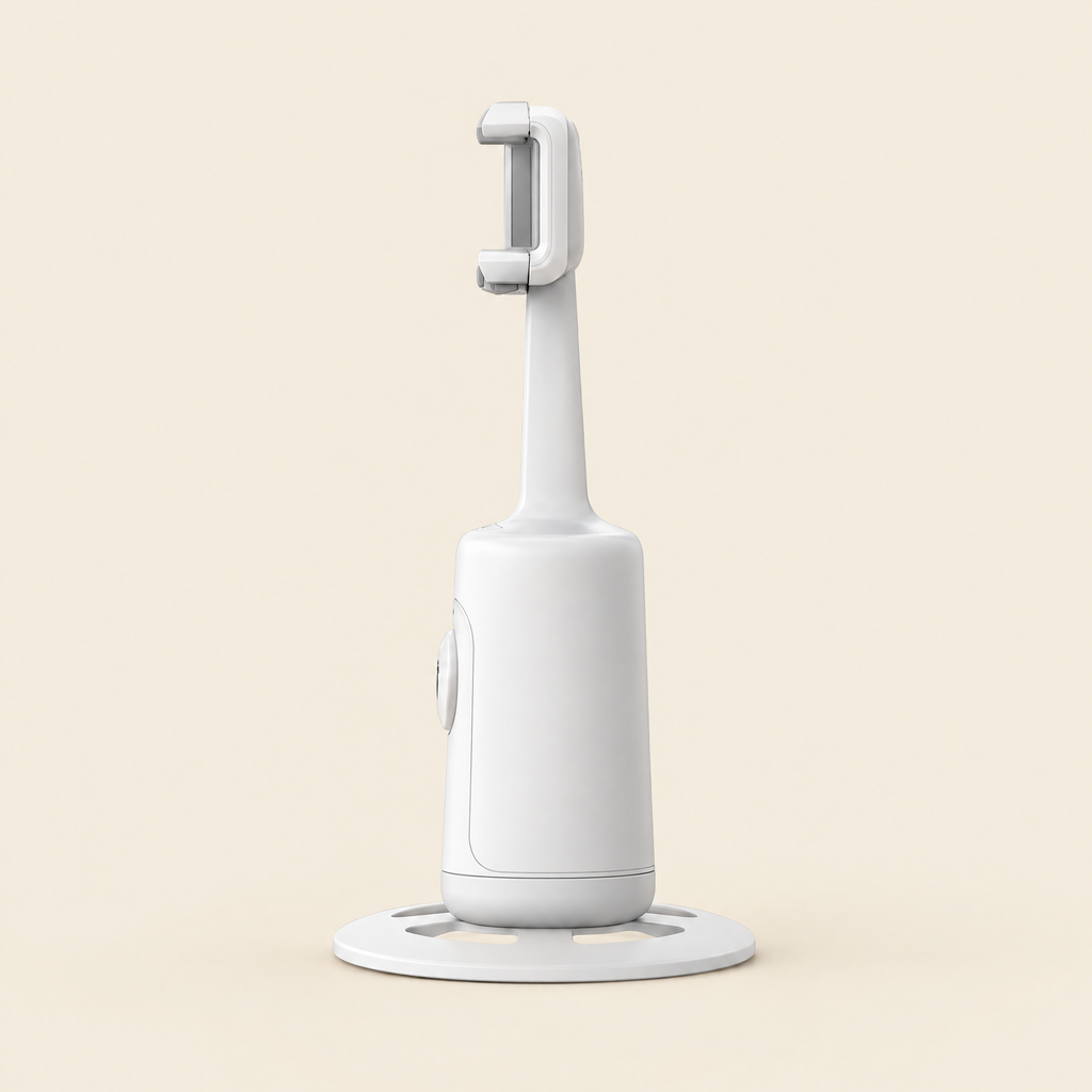 Seitenansicht des weissen Face-Tracking Halters mit Standfuss und Klemme