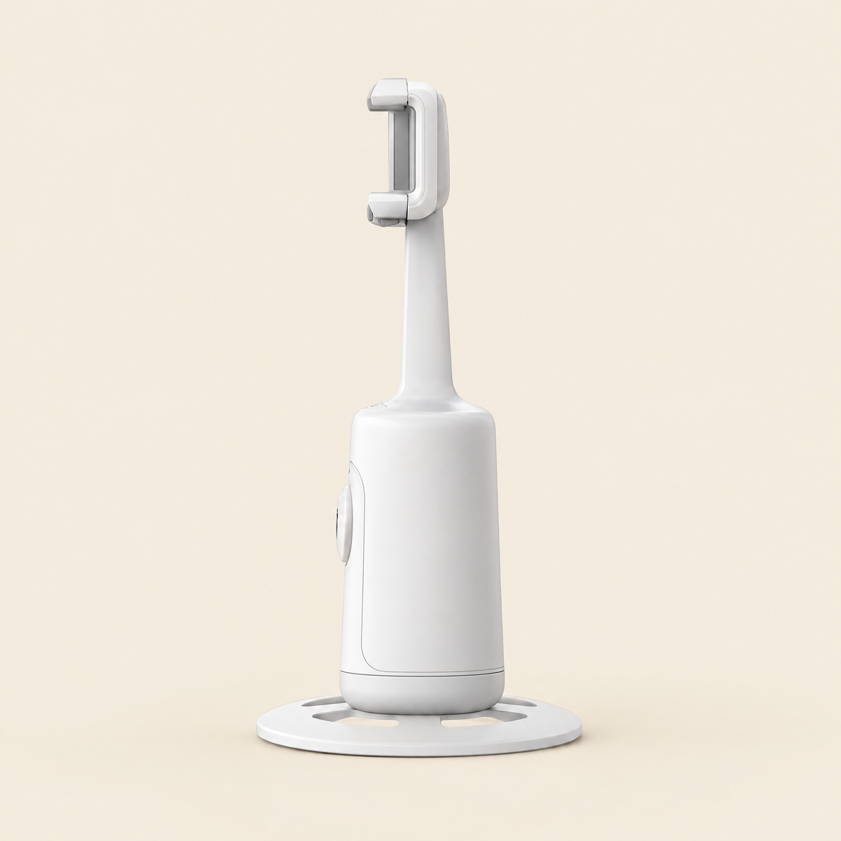 Seitenansicht des weissen Face-Tracking Halters mit Standfuss und Klemme