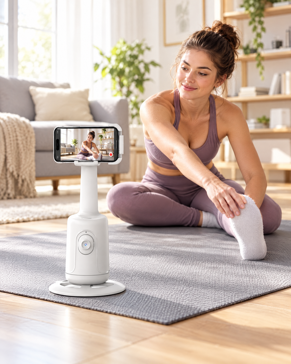 Face-Tracking Halter auf einer Yogamatte filmt eine Person beim Dehnen