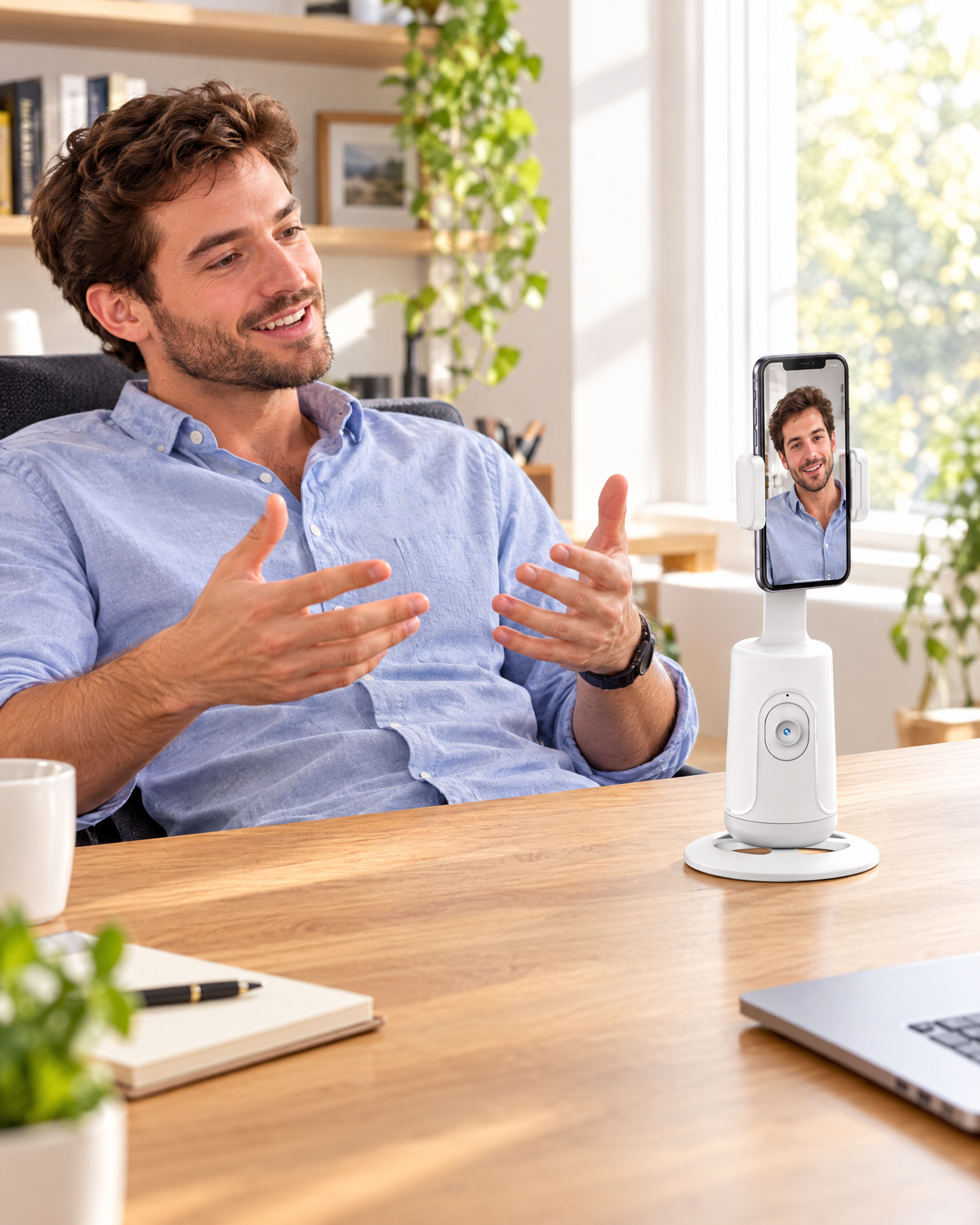 Face-Tracking Halter auf dem Schreibtisch waehrend eines Videocalls