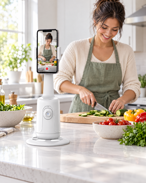Face-Tracking Halter filmt eine Frau beim Kochen und folgt ihren Bewegungen