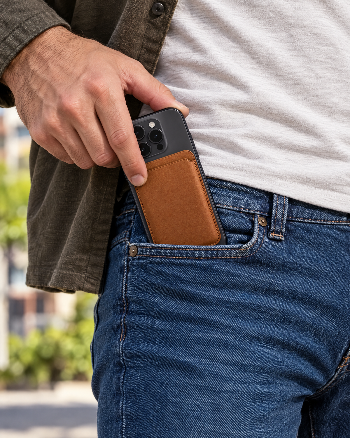 Smartphone mit Kartenhalter gleitet in die Hosentasche
