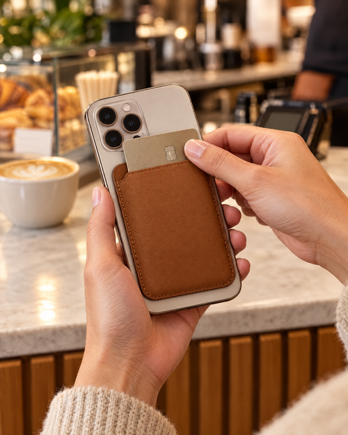 Eine Karte wird aus dem Kartenhalter am Handy geschoben, im Cafe