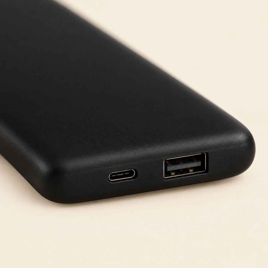 Nahaufnahme der Anschluesse an der Unterseite der Powerbank