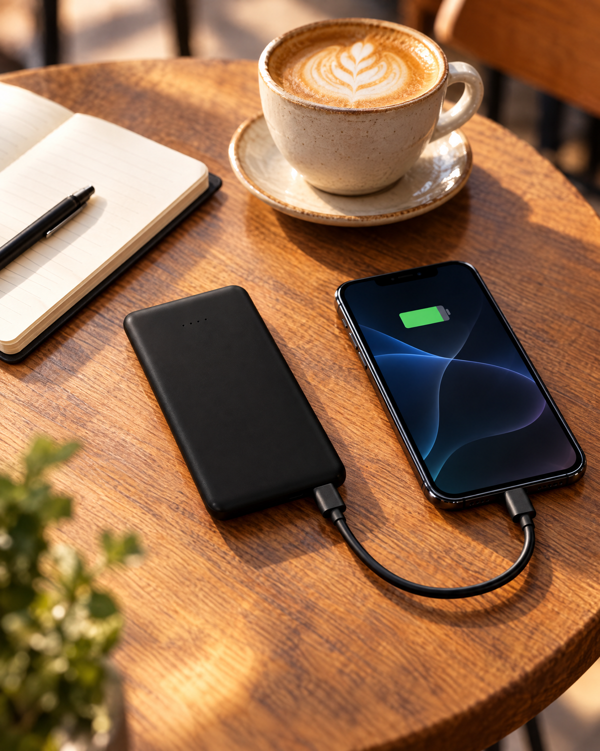 Powerbank laedt ein Smartphone auf einem Cafetisch