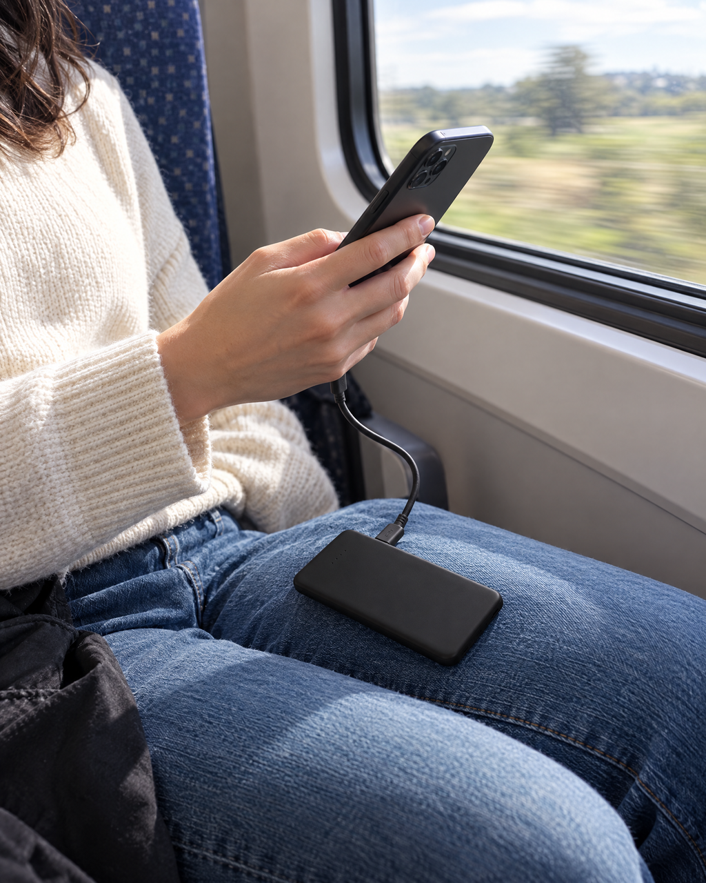 Powerbank laedt ein Smartphone unterwegs