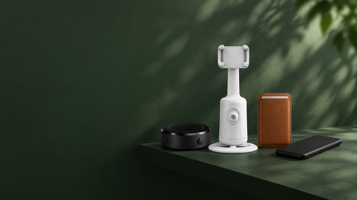 Vakuum-Halter, Face-Tracking Halter, Kartenhalter und Powerbank auf einer dunkelgrünen Ablage